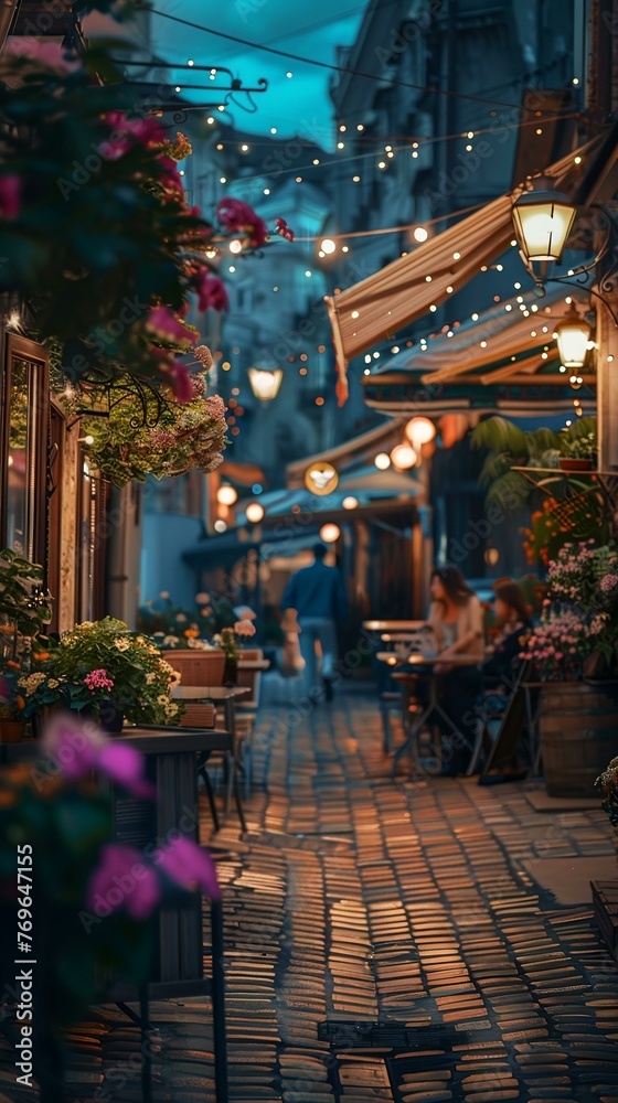 Street veranda of a cafe decorated with flowers on a city street, evening time, lights are on and people are sitting at tables. City life. Generated ai Street veranda of a cafe decorated with flowers on a city street, evening time, lights are on and people are sitting at tables. City life. Generated ai