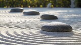 Zen view garden with meditation stone and raked sand
