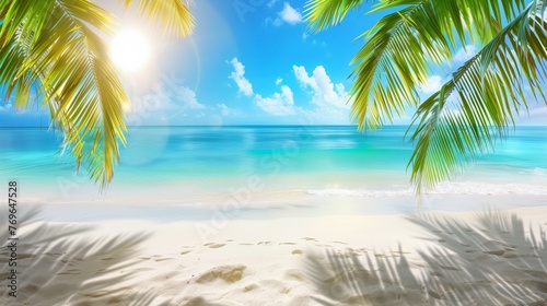 dazzlingly bright sun horizon is softly blurred transition of sandy beach to turquoise water summer landscape of tropical island branches of palm trees create shade in sand