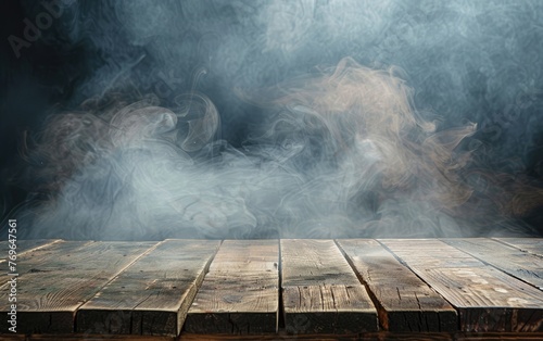 Rustic Table, A Wooden Setting Amidst Smoky Clouds,Smokey Ambiance, A Wooden Table Set in Rustic Charm, Copy Space, Generative Ai