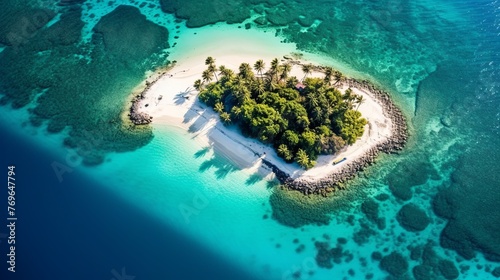Aerial view of a secluded tropical beach, Island with rocky formations, palm trees and clear aquamarine waters.