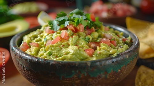 Fresh Guacamole In Rustic Molcajete Bowl With Ripe Avocado, Tomato, Lime, And Cilantro. Close-Up, Mexican Cuisine, Food Blogs, Keto Diet Recipes, Cook Books. AI Generated