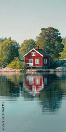 Red house on the riverbank, in the forest, nature, tourism, 3d, background image for mobile phone, ios, Android, banner for instagram stories, vertical wallpaper © EvaMur