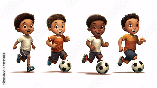 3D Illustration of a group of African American children playing soccer