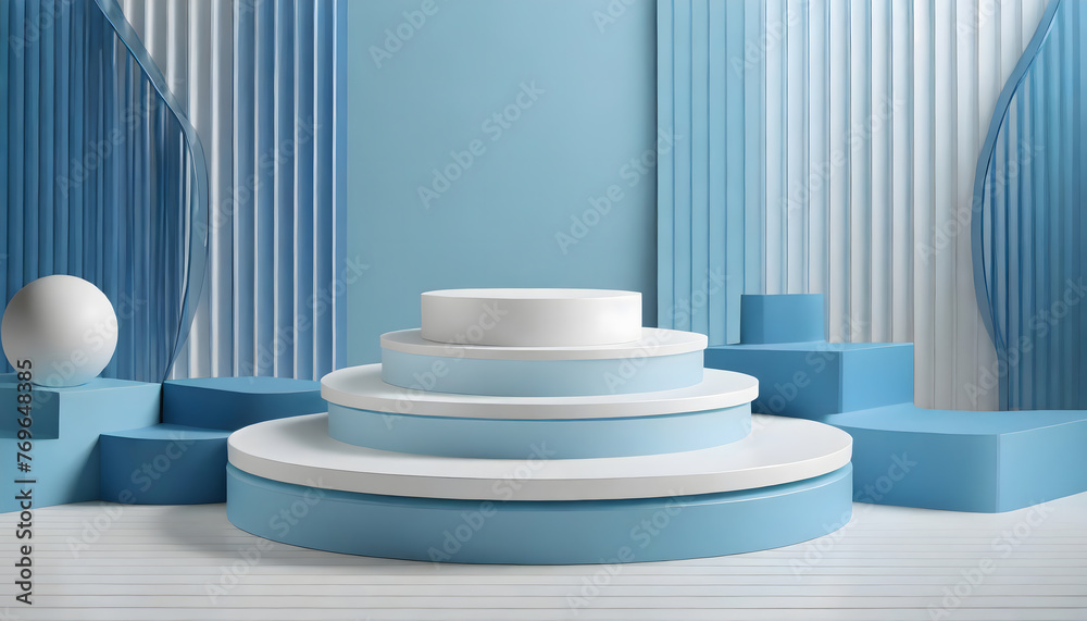 Abstract 3D light blue room with set of steps realistic blue and white cylinder stand podium. Generative AI. Abstract 3D light blue room with set of steps realistic blue and white cylinder stand podium. Generative AI.