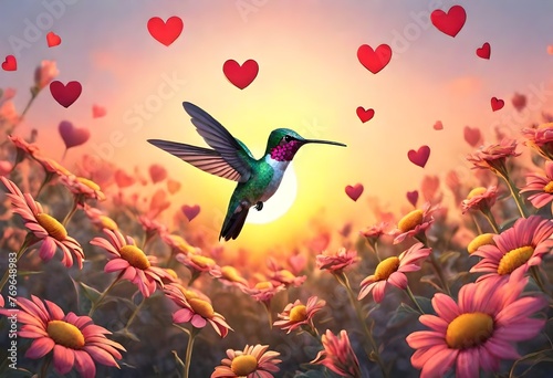 A hummingbird flying over flowers shaped like a hearts as the sun goes down in the background photo