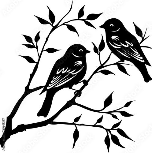 Birds on branch with leaves silhouette icon in black color. Vector template design. © StocknPicture