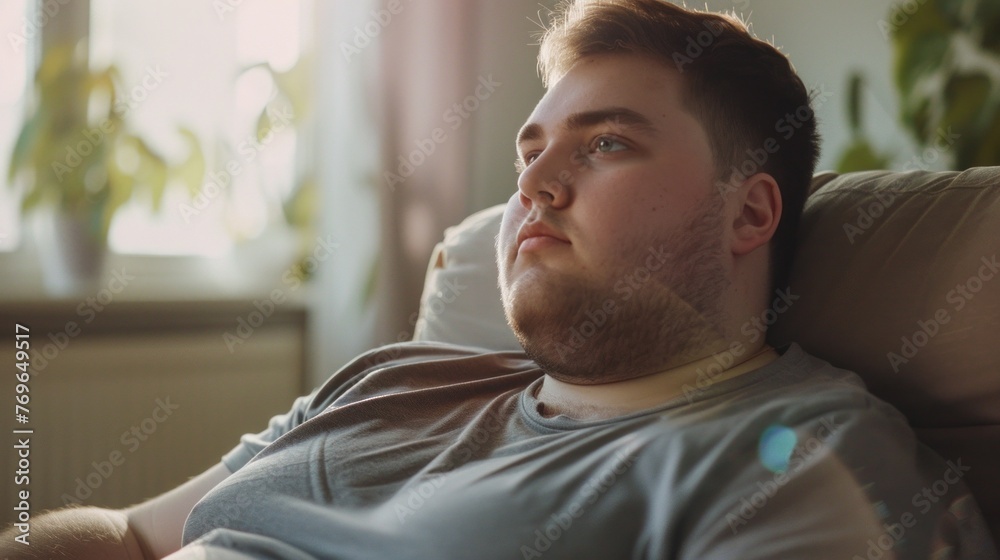 Man with beard and short hair wearing a gray t-shirt sitting in a chair with a thoughtful expression looking to the side in a softly lit room with a window and plants in the background. Man with beard and short hair wearing a gray t-shirt sitting in a chair with a thoughtful expression looking to the side in a softly lit room with a window and plants in the background.