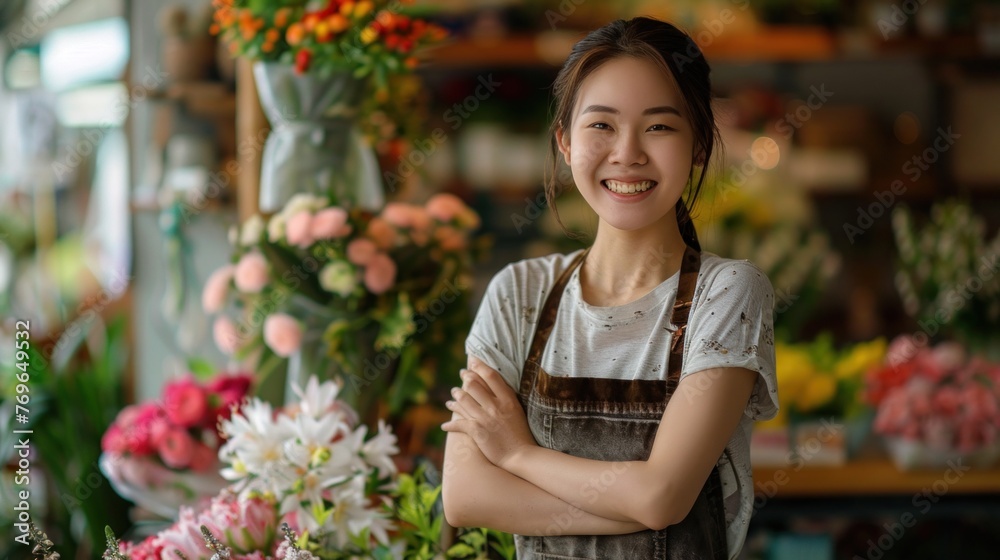 Young woman with a warm smile wearing a white shirt and apron standing in a flower shop filled with vibrant flowers and plants.