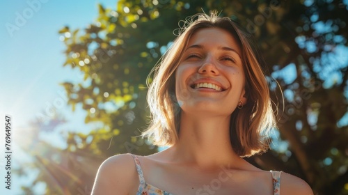 Smiling woman with short hair wearing a floral top looking up at the sun with a joyful expression set against a blurred background of trees and blue sky.