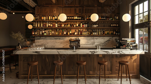 A contemporary bar area with a marble countertop, stylish stools, and pendant lights.