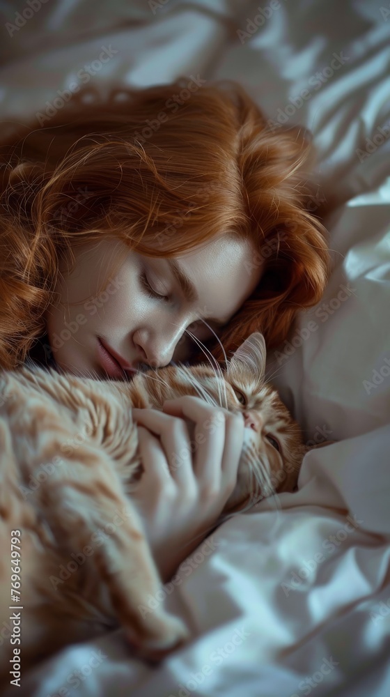 Woman and cat sharing a heartwarming moment. An intimate and warm portrayal of a woman cuddling with her cat, expressing pure affection and serene comfort Woman and cat sharing a heartwarming moment. An intimate and warm portrayal of a woman cuddling with her cat, expressing pure affection and serene comfort