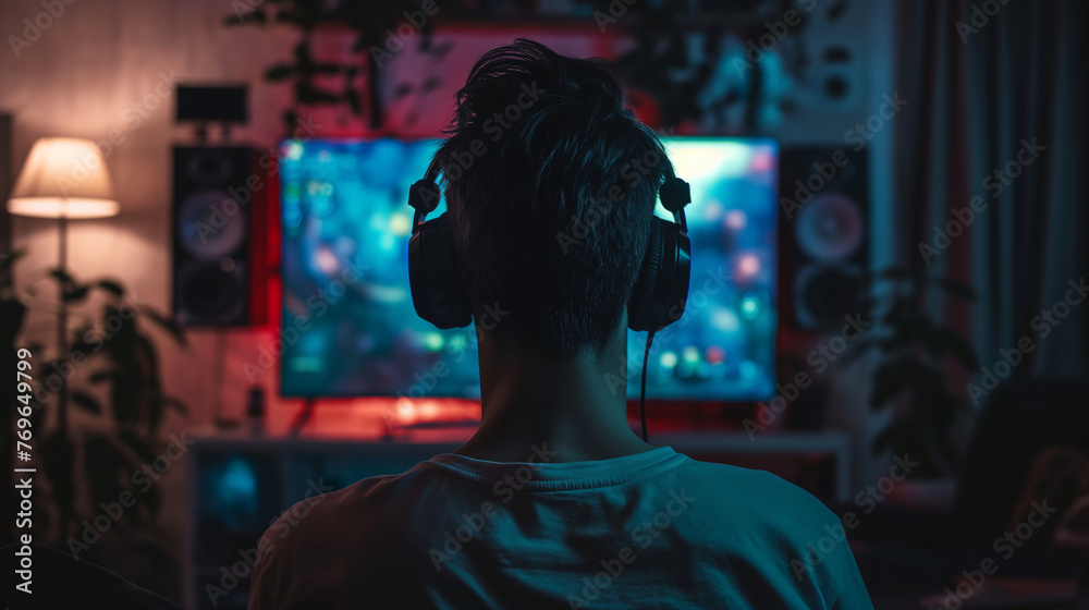 Fototapeta premium Back view of a gamer playing video games. Generative AI.