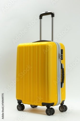 Yellow suitcase, plastic luggage bag, on a white background.