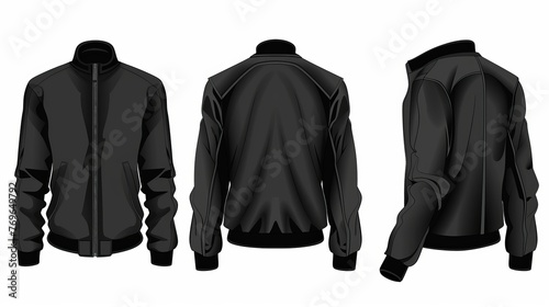 A vector illustration for a black jacket template, showcasing the front, back, and side views photo