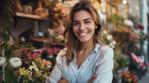 Smiling woman in white shirt standing in front of flower shop with colorful flowers and plants. © iuricazac