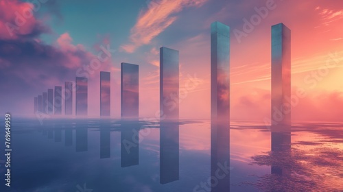 A row of towering monoliths standing in serene water under a vivid, colorful sunset sky, evoking a sense of peacefulness and otherworldliness.