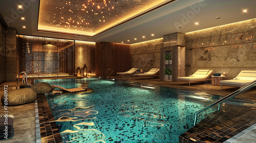 A contemporary indoor pool with mosaic tiles  underwater lighting  and lounge chairs.