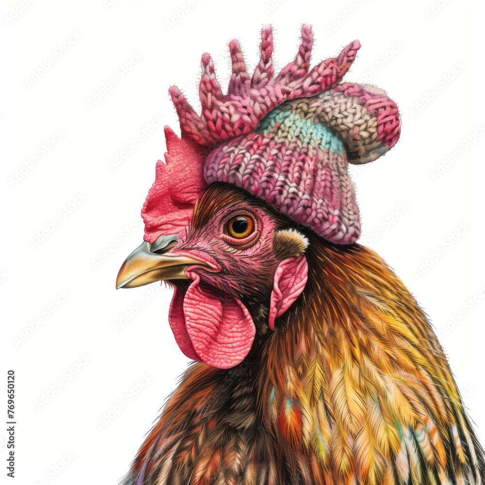 A stylish rooster in a multicolored, knitted hat. portrait of a bird.