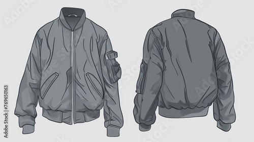 An oversized basic bomber jacket for men, depicted in a vector technical sketch photo