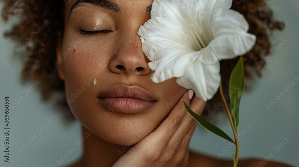 A woman with closed eyes a tear on her cheek and a white flower held close to her face conveying a sense of serenity and emotion.