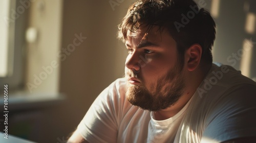 A man with a beard and short hair wearing a white t-shirt sitting in a room with sunlight streaming in looking contemplative.