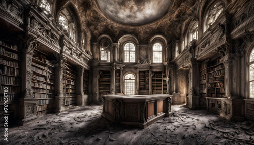 A grand yet abandoned library, echoing the silent stories of a bygone era