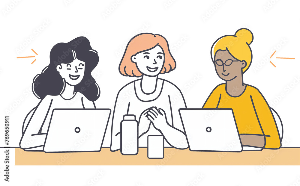 Three women in their thirties discussing something while sitting at a table with laptops in a simple line drawing illustration style Three women in their thirties discussing something while sitting at a table with laptops in a simple line drawing illustration style