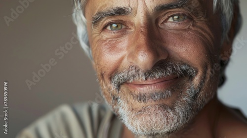 A close-up of an elderly man with a warm smile showing his eyes and the texture of his skin set against a soft-focus background.
