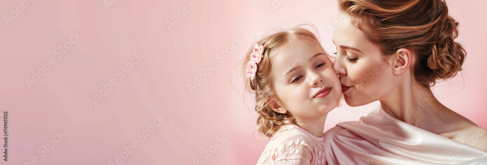 Mom and daughter hugging on a pastel pink background, mother and girl happy with copyspace hd - obrazy, fototapety, plakaty 