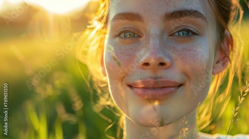 A close-up of a woman with freckles smiling gently with her eyes closed set against a blurred background of golden light and green grass suggesting a serene outdoor setting. © iuricazac