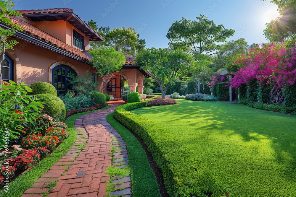 A charming house with a lush garden in full bloom, showcasing vibrant flowers and thriving foliage under the golden sunlight