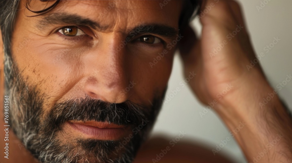 Obraz premium A close-up of a man with a beard and mustache looking thoughtful with his hand on his chin.