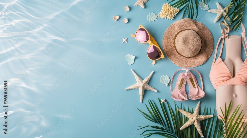 Top view flat lay bikini and beach accessories on blue background. AI generated image - obrazy, fototapety, plakaty 