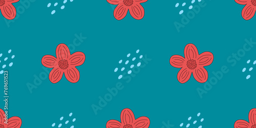 Seamless pattern with red meadow flowers and abstract drops on blue background, vector
