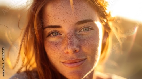 A close-up portrait of a young woman with freckles smiling gently with her hair softly blowing in the wind set against a blurred warm-toned background possibly during sunset.