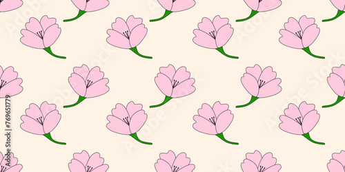 Seamless pattern with pink sakura or cherry blossom flowers on beige, doodle style vector