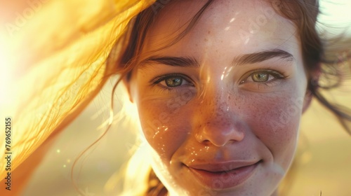 A close-up of a young woman with freckles smiling gently with her eyes closed as sunlight filters through her hair creating a warm glowing effect.
