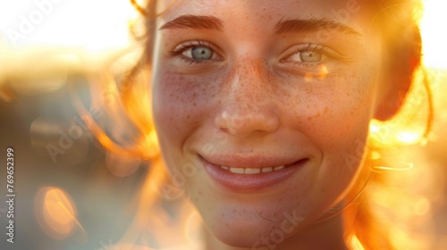 A close-up of a smiling woman with freckles radiant skin and striking blue eyes set against a warm blurred background that suggests a sunset or sunrise.