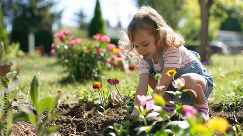 A young girl is focused on planting flowers in a sunny garden, with greenery around her.
