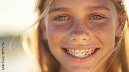 A young girl with freckles and blue eyes wearing braces smiling brightly with sunlight streaming through her hair.