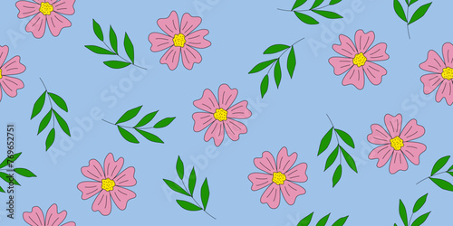 Seamless pattern with meadow or daisy flower head and branches, doodle style vector