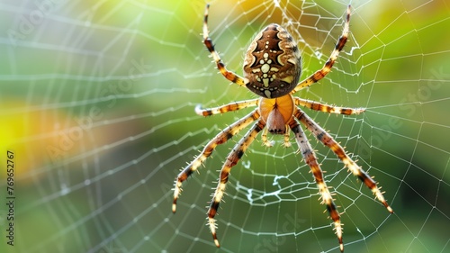 A spider centered on its intricate web against a blurred green background.
