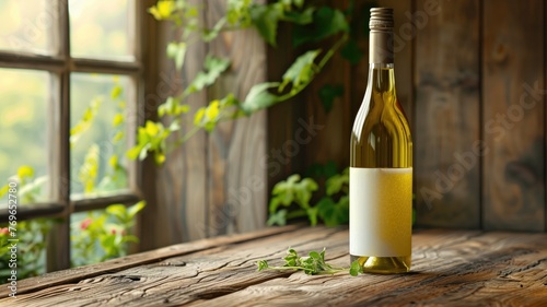 A bottle of white wine with a blank label on rustic wooden table near window green foliage. © Artyom