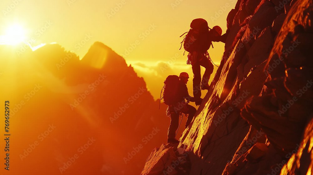 Challenge. Climbers ascending a mountain at sunset.