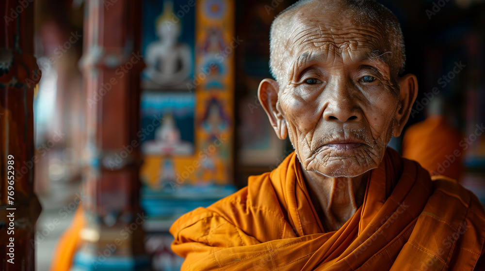 Portrait of an old Buddhist monk, in the Asian temple, his face is wrinkled. 