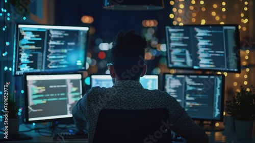 Person at a desk with multiple computer screens displaying code, working late night city lights in the background.