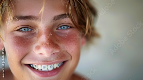 A young boy with blue eyes and freckles wearing braces smiling at the camera with a joyful expression.
