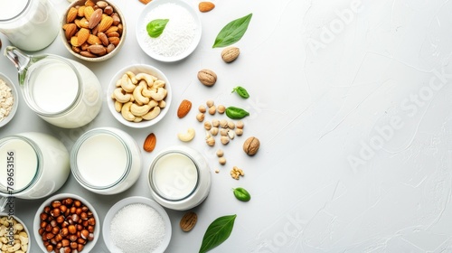 Top view flat lay various nuts, bowls, coconut and bottles of milk on white background. AI generated