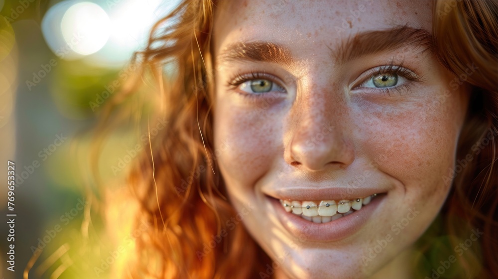 A close-up portrait of a young woman with red hair freckles and green eyes smiling with braces set against a blurred natural background. A close-up portrait of a young woman with red hair freckles and green eyes smiling with braces set against a blurred natural background.